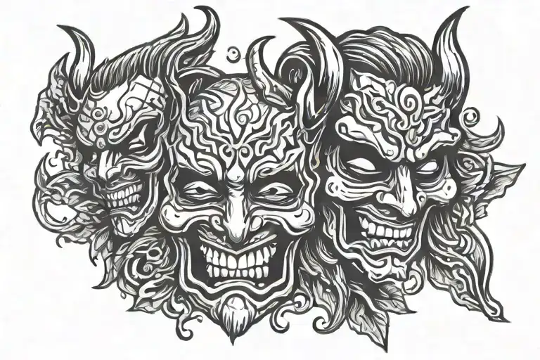laugh now cry later mask with one angel and one demon  tattoo design idea