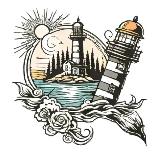 sun star moon mountain light house beach   tattoo design idea