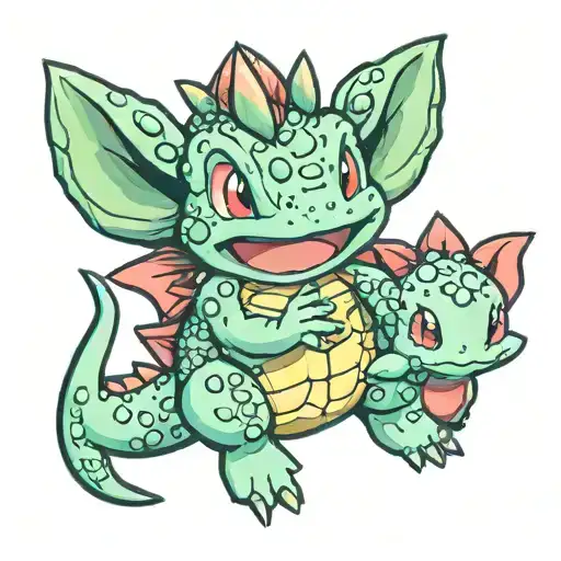 Treeko Totodile cuddling Bulbasaur tattoo design idea
