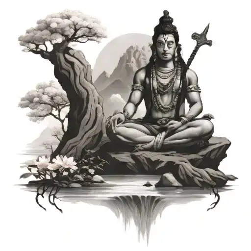 4 armed lord Shiva meditating under a cherry blossom tree on a island surrounded by water in the mountains with a temple tattoo design idea
