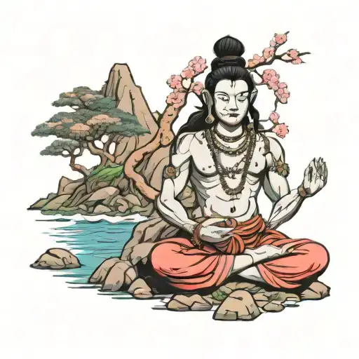 4 armed lord Shiva meditating under a cherry blossom tree on a island surrounded by water in the mountains with a temple tattoo design idea