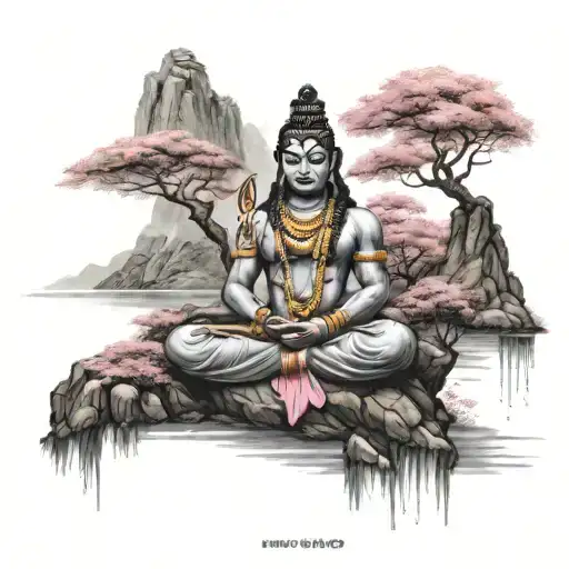 4 armed lord Shiva meditating under a cherry blossom tree on a island surrounded by water in the mountains with a temple tattoo design idea