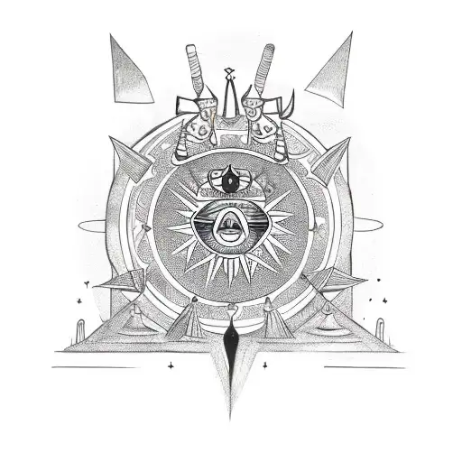 illuminati god occult African abstract witch doctor warrior playing drums, freemason pillars , sun moon intergalac tattoo design idea