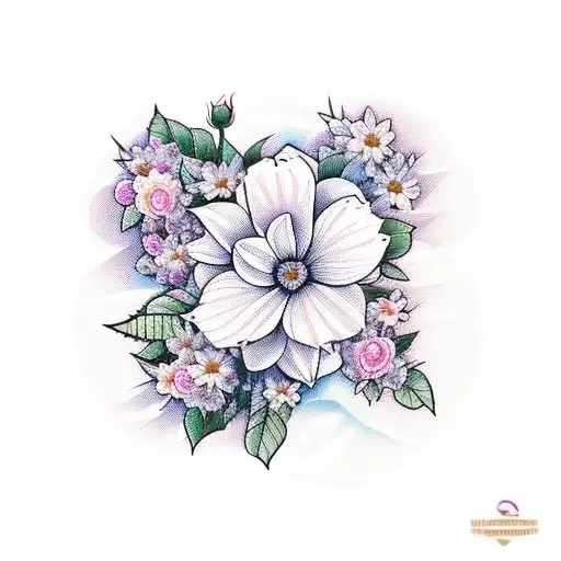 sunset over mountain range with roses, daisies and hydrangeas and humming birds  tattoo design idea