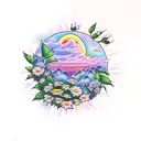sunset over mountain range with roses, daisies and hydrangeas and humming birds  tattoo design idea