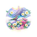 sunset over mountain range with roses, daisies and hydrangeas and humming birds  tattoo design idea