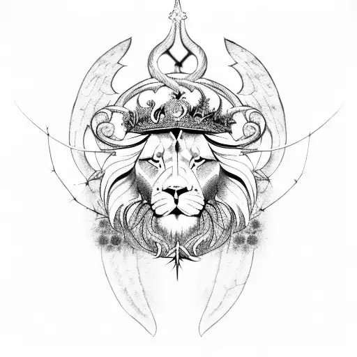 A celestial lion with wings and a crown of thorns tattoo design idea