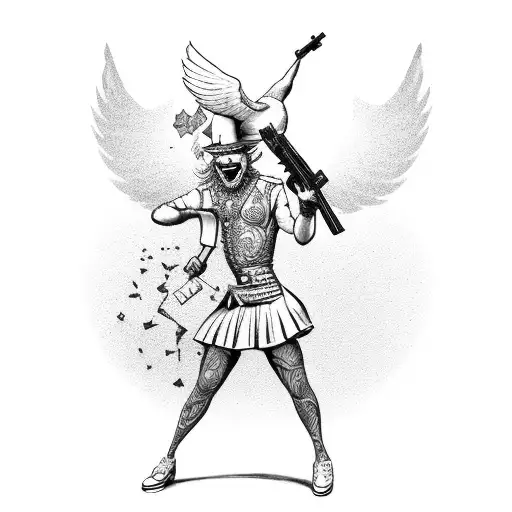 A whimsical clown riding a dove with a gun in hand tattoo design idea