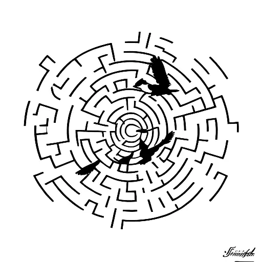 A sparrow flying through a maze, symbolizing the feeling of being lost tattoo design idea