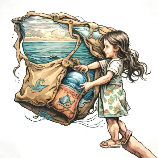 child holding small bag, always saying no to her father. she goes in ghe ocean and despite the danger she gets far aways tattoo design idea