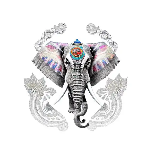 A majestic elephant adorned with traditional Buddhist symbols, paying homage to the client's love for nature and spiritual beliefs tattoo design idea