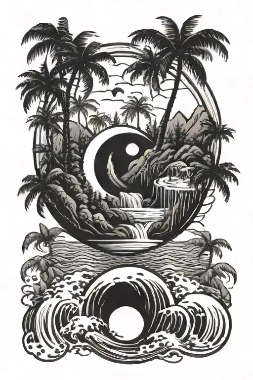 yin Yang symbol with one half mountains and forest with waterfall, the other, palm tree beach scene  tattoo design idea