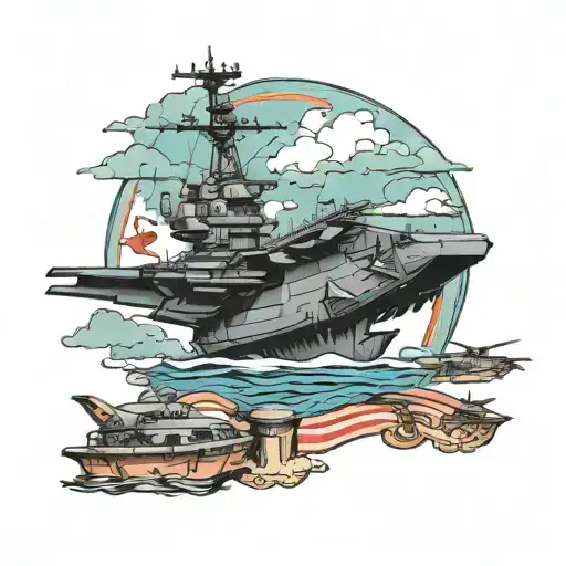 USS Carl Vinson aircraft carrier with plane flying in the sky tattoo design idea