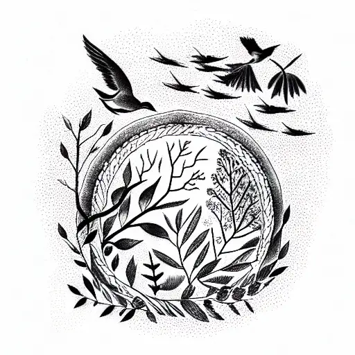 forest with animals and birds in a circle tattoo design idea