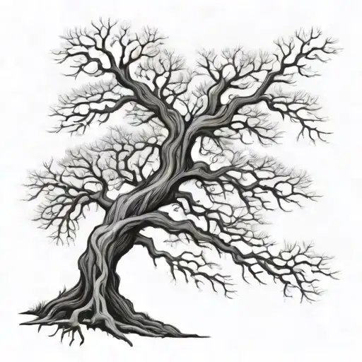 tree with exposed root patterns, bare branches, realistic tattoo design idea