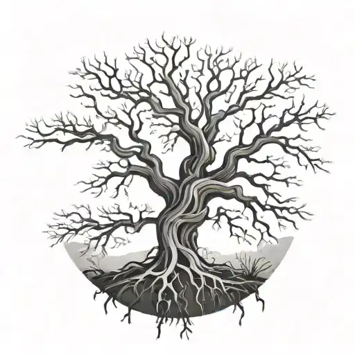 tree with exposed root patterns, bare branches tattoo design idea
