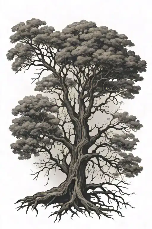 tree with exposed root patterns, bare branches, realistic, less branches tattoo design idea