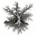 tree with exposed root patterns, bare branches, realistic, less branches tattoo design idea