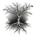 tree with exposed root patterns, bare branches, realistic, less branches tattoo design idea