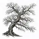 tree with exposed root patterns, bare branches, realistic tattoo design idea