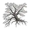 tree with exposed root patterns, bare branches, realistic tattoo design idea
