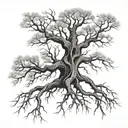 tree with exposed root patterns, bare branches, realistic tattoo design idea