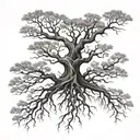 tree with exposed root patterns, bare branches, realistic tattoo design idea