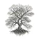 tree with exposed root patterns, bare branches tattoo design idea