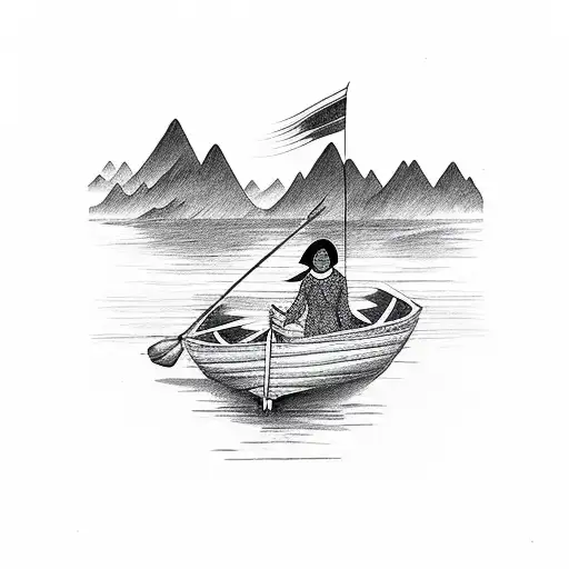 vietnamese woman in boat with mountains tattoo design idea