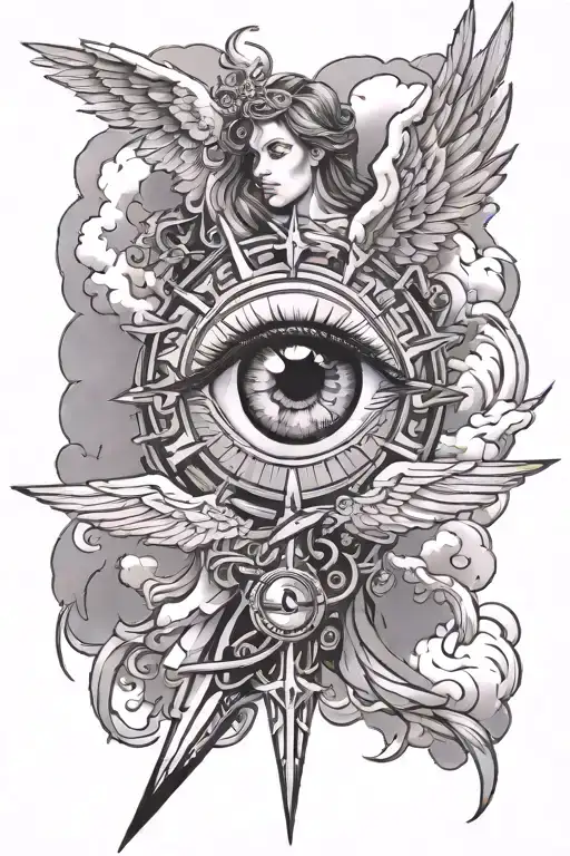 Angel, eye, cross, clouds thunder bolts  tattoo design idea