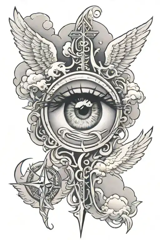 Cross, Angel, Eye, Thunder, clouds surrounding tattoo design idea