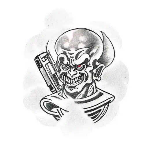 A traditional tattoo of Orco from Masters of the Universe holding a gun, with a gaming controller in the other hand tattoo design idea