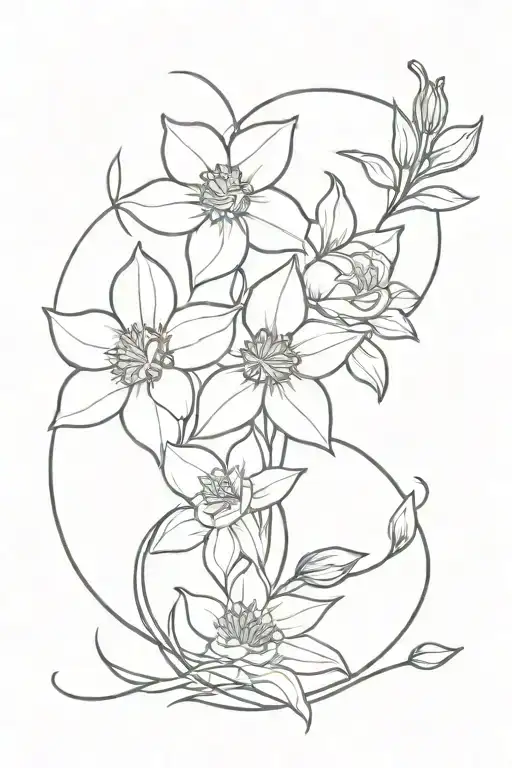 violet, daffodil, aster, rose intertwined tattoo design idea