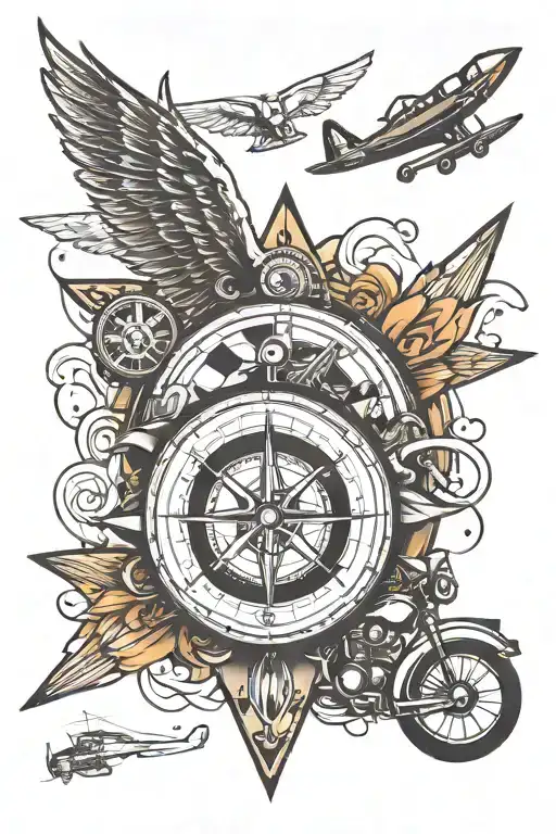 compass with motorcycle and airplane soaring tattoo design idea