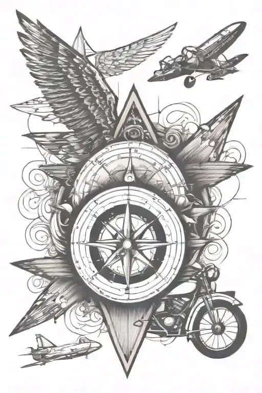 compass with motorcycle and airplane soaring tattoo design idea