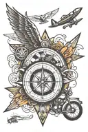 compass with motorcycle and airplane soaring tattoo design idea