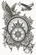 compass with motorcycle and airplane soaring tattoo design idea