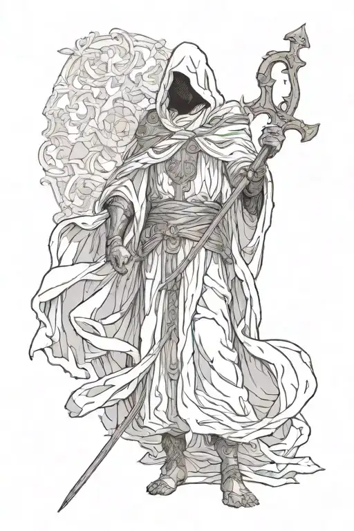 1.	A Shrouded Guardian - A figure covered in tattered, flowing robes with an ornate staff or spear held in one hand, wit tattoo design idea