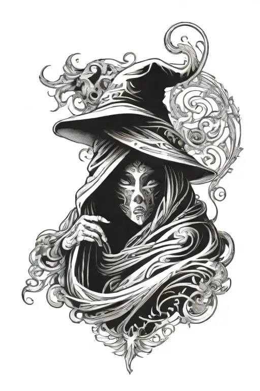 The figure is depicted in the same mysterious style, with a covered face and a long, flowing robe. Her right arm is slig tattoo design idea