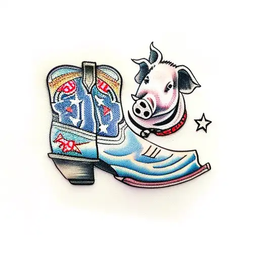 cowboy boots with small pig wearing cowboy hat tattoo design idea