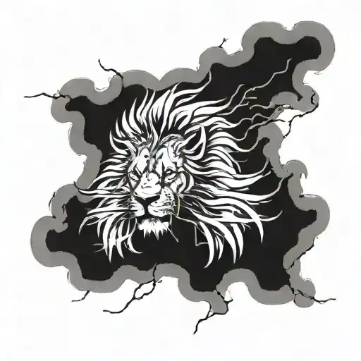 A powerful lion roaring amidst a tempestuous storm tattoo design idea