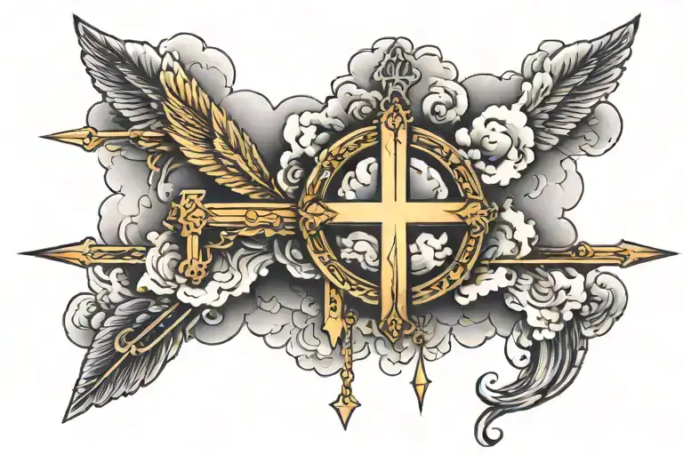april 4th 1984 in roman numerals and around it is a heavenly cloud  it also has 3 crosses falling out of the cloud tattoo design idea