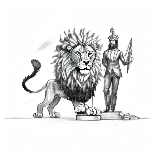 A lawyer holding a gavel with a lion and a wolf by their side, representing power and protection tattoo design idea