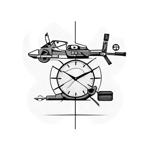 A motorcycle and a helicopter racing against time, with a clock in the background tattoo design idea