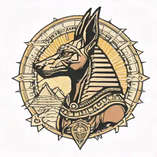 Anubis portrayed in a traditional tattoo style, with classic bold lines and solid colors, set against a background of pyramids and the sun, giving a timeless and iconic look tattoo design idea