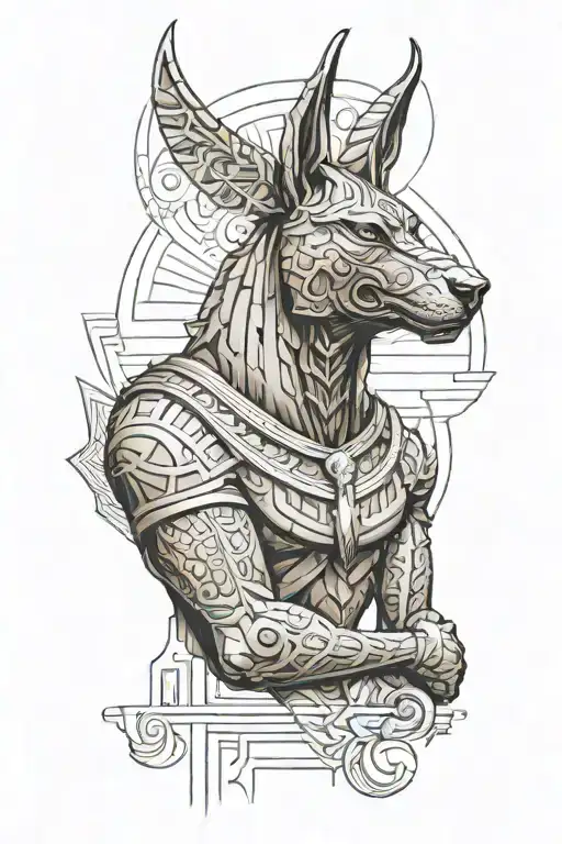 Tattoo to close the right arm, in a realistic and 4D way, of the God Anubis, only from the toned abdomen up. Having the tattoo design idea