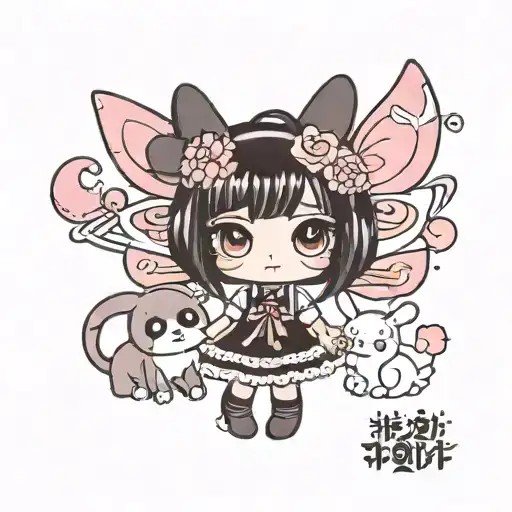 little girl meeting kuromi and my melody tattoo design idea
