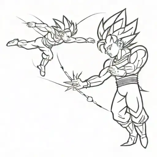 A minimalist tattoo of Goku and Vegeta sparring, with a leaf and rays adding a dynamic element to the design tattoo design idea