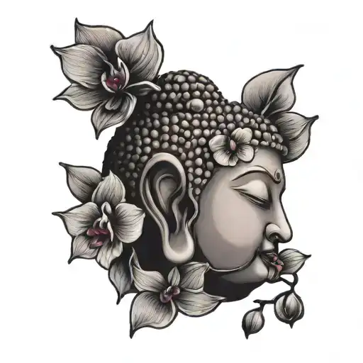 buddha head with orchid flowers  tattoo design idea