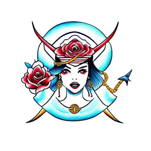 Sailor woman tattoo with "Esperanza" hat sea creatures golden sun anchor red rose and nautical stars; beautiful tattoo design idea
